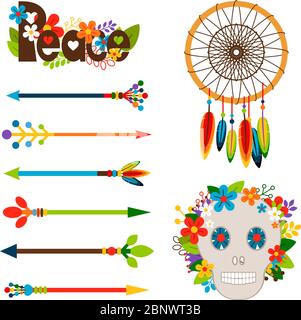Hippie- oder Boho-Elemente. Vektor Ethnic Set mit Pfeilen und Totenkopf, floralem Friedensmuster und Traumfänger Stock Vektor