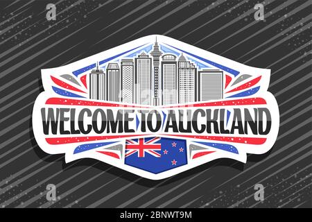 Vektor-Logo für Auckland, weißes dekoratives Abzeichen mit Linienzeichnung von auckland Stadtbild am Tag Himmel Hintergrund, touristischen Kühlschrank Magnet mit Stock Vektor