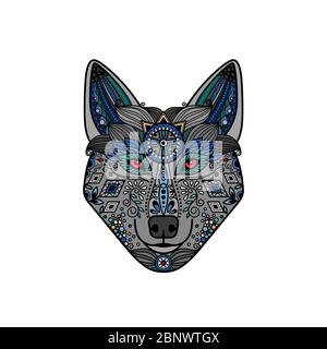 Wolf Kopf im ethnischen Boho Stil, handgezeichnetes Logo. Vektorgrafik Stock Vektor