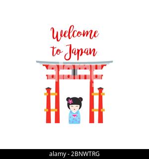 Willkommen in Japan. Vektor-Illustration mit japanischer Kokeshi-Puppe Stock Vektor