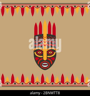 Tribal-Stil Karte mit Maske und Bordüren. Vektorgrafik Stock Vektor