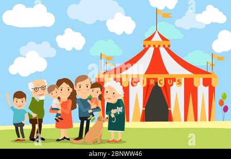 Große Familie steht in der Nähe von Zirkus. Vektorgrafik Stock Vektor