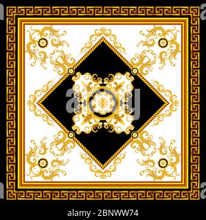 Luxus-Modemuster mit Barock und goldenen Ketten auf Schwarz-Weiß-Hintergrund. Seidenschal Schmuck Schal Design. Bereit für Textildrucke. Stockfoto