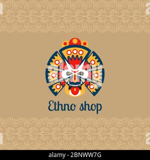 Ethno-Shop-Karte mit Maske und Logo. Vektorgrafik Stock Vektor