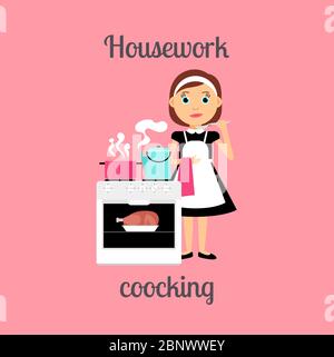 Haushälterin Frau machen Hausarbeit. Vektorgrafik für Kochkost Stock Vektor