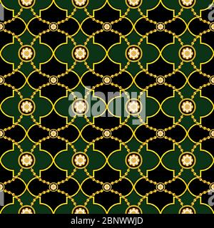 Nahtlose Luxus geometrische Golden Morrocan Trellis Muster mit goldenen Ketten. Moftif auf grünem und schwarzem Hintergrund. Bereit für Textildrucke. Stockfoto
