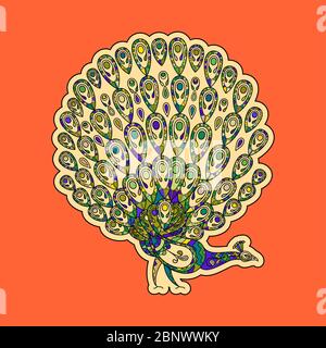 Bunte Pfau Aufkleber auf dem orangefarbenen Hintergrund. Vektorgrafik Stock Vektor
