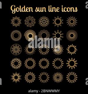 Goldene Sonne dünne Linie Symbole auf dem schwarzen Hintergrund gesetzt. Vektorgrafik Stock Vektor