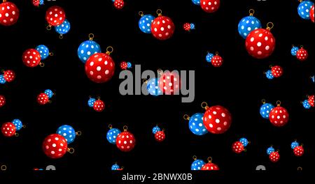 Weihnachtslichter Muster, nahtlose Weihnachtskugeln auf schwarzem Hintergrund, Muster für Textildruck entwickelt. Stockfoto