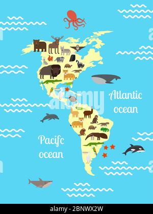 Tiere Weltkarte für Kinder. Vektorgrafik Süd- und Nordamerika Stock Vektor