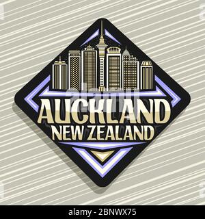 Vektor-Logo für Auckland, schwarz dekoratives Straßenschild mit Illustration der berühmten auckland Stadtbild auf Dämmerung Himmel Hintergrund, touristischen Kühlschrank Magnet wit Stock Vektor