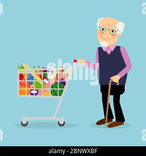 Großvater mit Einkaufswagen voller Lebensmittel. Vektorgrafik Stock Vektor