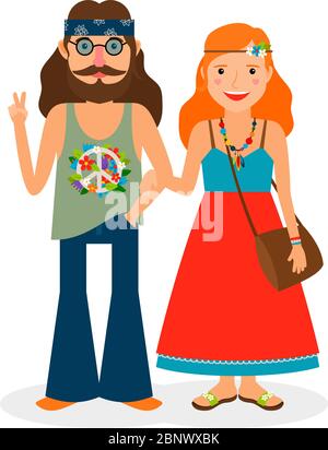 Hippie sechziger Mädchen und Mann der Blume Macht. Vektorgrafik Stock Vektor