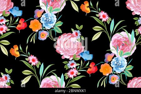 Nahtlose Aquarell floralen Design mit Blättern auf dunkelblauem Hintergrund für Textildrucke. Ventage und reteo. Stockfoto