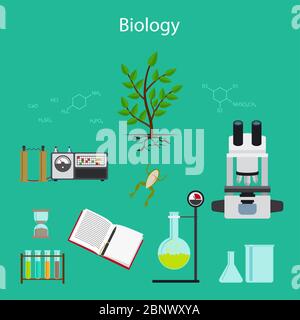 Biologie Forschung Cartoon Illustration mit Symbolen. Vektorgrafik Stock Vektor