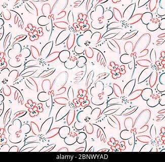 Nahtlos handgezeichnetes Blumenmuster. Vintage Blumen auf weißem Hintergrund. Blühende realistische Blumen. Stockfoto