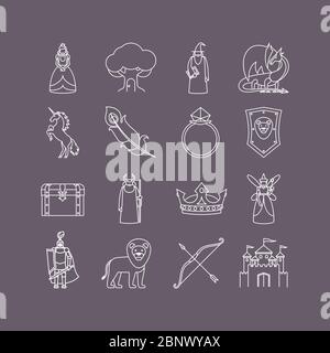 Märchen dünne Linie Kunst weiß Symbol gesetzt. Vektorgrafik Stock Vektor