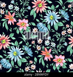 Nahtlose aquarell Floral Design mit schwarzen Hintergrund für Textildruck. Stockfoto