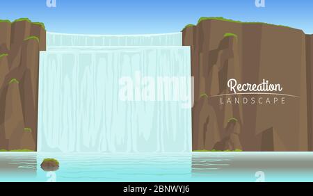 Realistische Vektor Erholung Tourismus Landschaft, horizontalen Hintergrund mit Wasserfall Stock Vektor