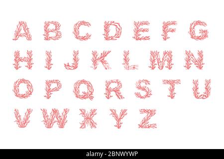 Satz von Buchstaben Alphabet rosa gefärbte Algen Unterwasser Ozean Pflanze Meer Korallen Elemente flach Vektor Illustration auf weißem Hintergrund Stock Vektor