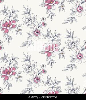 Nahtlos handgezeichnetes Blumenmuster. Vintage Blumen auf weißem Hintergrund. Blühende realistische Blumen. Stockfoto