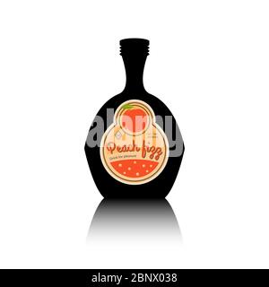 Schwarze Flasche Silhouette mit Reflektion und Vintage Obst Etikett. Peach fizz Vektor Illustration Stock Vektor