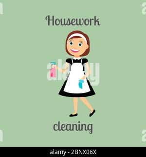 Haushälterin Frau machen Hausarbeit. Reinigung um das Haus Vektor-Illustration Stock Vektor