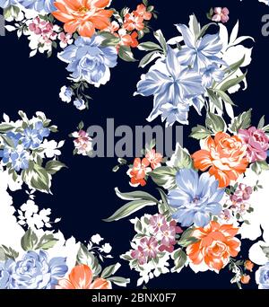 Sanfter Sommer Floral Nahtloses Muster mit Blumen im Vintage-Stil, Botanische Grußkarte, auf hellblauem Hintergrund. Bereit für Textildruck. Stockfoto