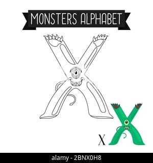 Malseite Monster Alphabet für Kinder. Vektorgrafik Letter X Stock Vektor