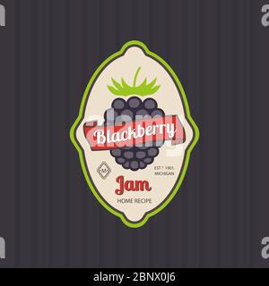 BlackBerry Jam Retro Obst Label und einfache Muster Hintergrund. Vektorgrafik Stock Vektor