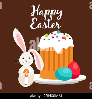 Frohe ostern Grußkarte Vorlage mit Kaninchen und Osterkuchen. Vektorgrafik Stock Vektor