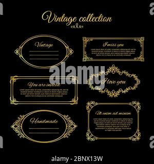 Goldene kalligraphische Vignetten für Menü-Design und blüht Rahmen für Hochzeitseinladungen. Vctor-Abbildung Stock Vektor
