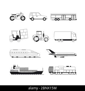 Symbole für Transportlinien. Umriss Transport schwarzen Vektor-Symbole auf weißem Hintergrund, Auto Schiff und Flugzeug Stock Vektor