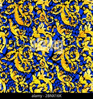 Schlangenhaut nahtlose Muster Textur mit Gold Barock. Modischer Textildruck auf schwarzem Hintergrund. Stockfoto