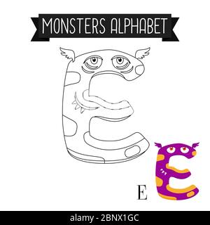 Malseite Monster Alphabet für Kinder. Vektorgrafik Buchstabe E Stock Vektor