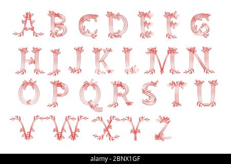 Satz von Buchstaben Alphabet rosa gefärbte Algen Unterwasser Ozean Pflanze Meer Korallen Elemente flach Vektor Illustration auf weißem Hintergrund Stock Vektor