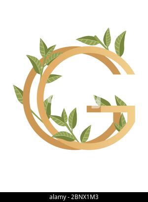 Buchstabe G mit Farbverlauf Stil beige Farbe mit grünen Blättern eco Schriftart flache Vektor-Illustration auf weißem Hintergrund isoliert bedeckt Stock Vektor