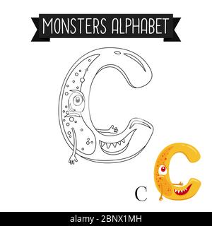 Malseite Monster Alphabet für Kinder. Vektorgrafik Buchstabe C Stock Vektor