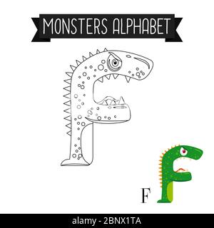 Malseite Monster Alphabet für Kinder. Vektorgrafik Buchstabe F Stock Vektor