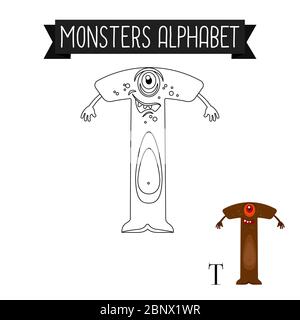 Malseite Monster Alphabet für Kinder. Vektorgrafik Letter T Stock Vektor