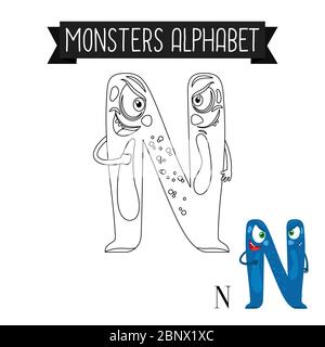 Malseite Monster Alphabet für Kinder. Vektorgrafik Buchstabe N Stock Vektor