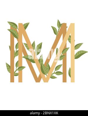 Letter M mit Farbverlauf Stil beige Farbe mit grünen Blättern eco Schriftart flache Vektor-Illustration auf weißem Hintergrund isoliert bedeckt Stock Vektor