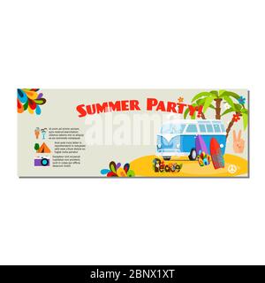 Sommer Party horizontalen Flyer mit Palmen, blauen Bus und Unterteiltafeln. vektor-Illustration Stock Vektor