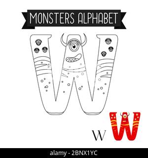 Malseite Monster Alphabet für Kinder. Vektorgrafik Letter W Stock Vektor