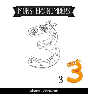 Malseite Monster Zahlen für Kinder. Vektorgrafik Nummer 3 Stock Vektor