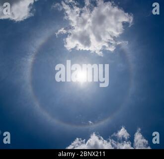 Foto eines Sonnenhalos, der am Himmel sichtbar ist. Ein Farbkreis mit der Sonne in der Mitte und einigen Zirruswolken um sie herum Stockfoto