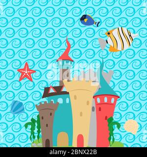 Kinder Tapeten-Design mit Meerburg und Wellen Muster. Vektorgrafik Stock Vektor