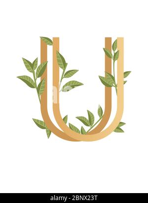 Letter U mit Farbverlauf Stil beige Farbe mit grünen Blättern eco Schriftart flache Vektor-Illustration auf weißem Hintergrund isoliert bedeckt Stock Vektor