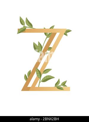 Letter Z mit Farbverlauf Stil beige Farbe mit grünen Blättern eco Schriftart flache Vektor-Illustration auf weißem Hintergrund isoliert bedeckt Stock Vektor