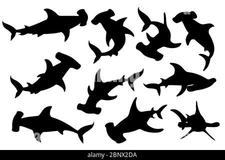 Schwarze Silhouette Set von Hammerhai Unterwasser riesigen Tier einfache Cartoon Charakter Design flache Vektor-Illustration isoliert auf weißem Hintergrund Stock Vektor